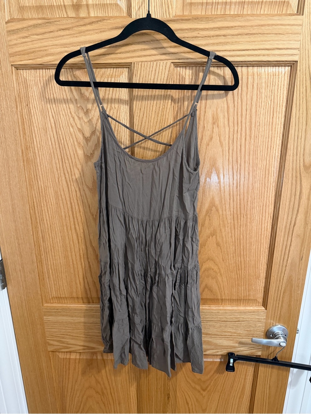 Altar'd State Taupe Tiered Spaghetti Strap Dress with Cross-Back